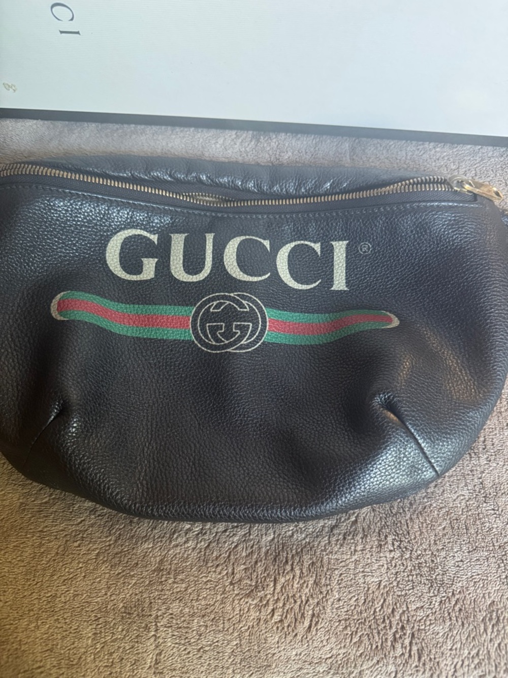 Gucci Black Leather Belt Bag with Red & Green Web and Gold Zipper